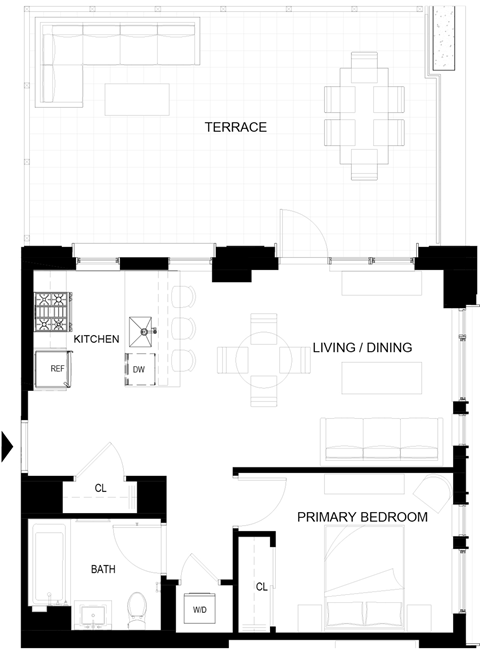 Floor plan for 1 bed, 1 bath, 592 sqft